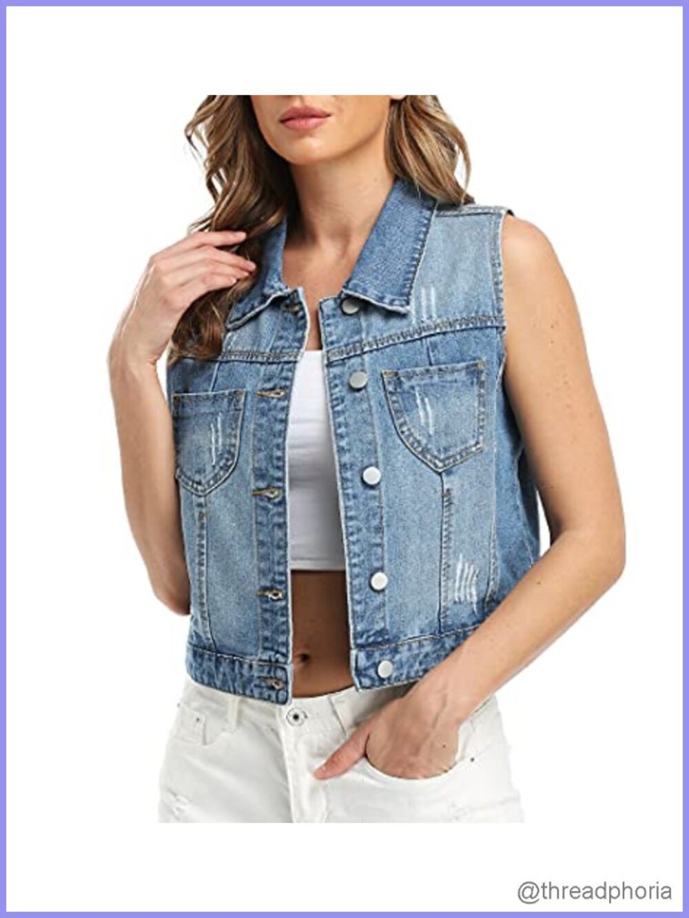 Womens Cropped Denim Vest Sleeveless Distressed Jean Jacket Vintage